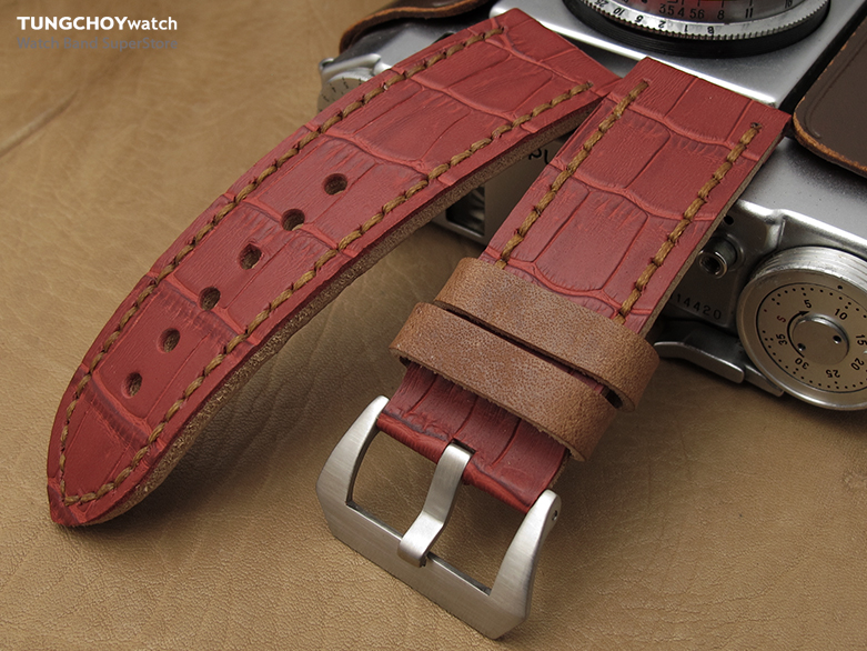 26mm MiLTAT Antipode Watch Strap Matte Red CrocoCalf in Tan Hand Stitches