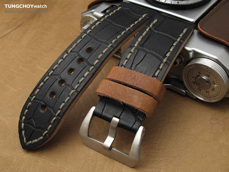 26mm MiLTAT Antipode Watch Strap Matte Black CrocoCalf in Grey Hand Stitches