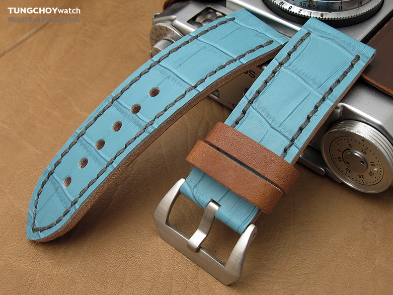 26mm MiLTAT Antipode Watch Strap Matte Sky Blue CrocoCalf in Grey Hand Stitches