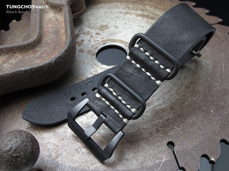 26mm MiLTAT G10 Grezzo SQ ZULU Watch Strap Matte Nero Black Geniune Calf, PVD Black