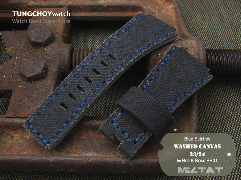 MiLTAT Black Washed Canvas for Bell & Ross replacement Strap, Blue Stitches