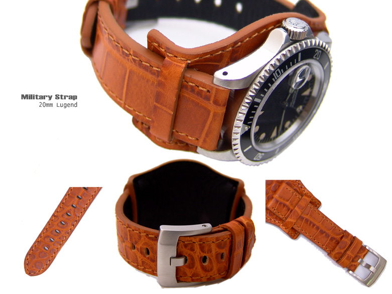 (BUN2018019RF)20mm Bunds Style Military BROWN CrocoCalf Watch Strap-316L Buckle