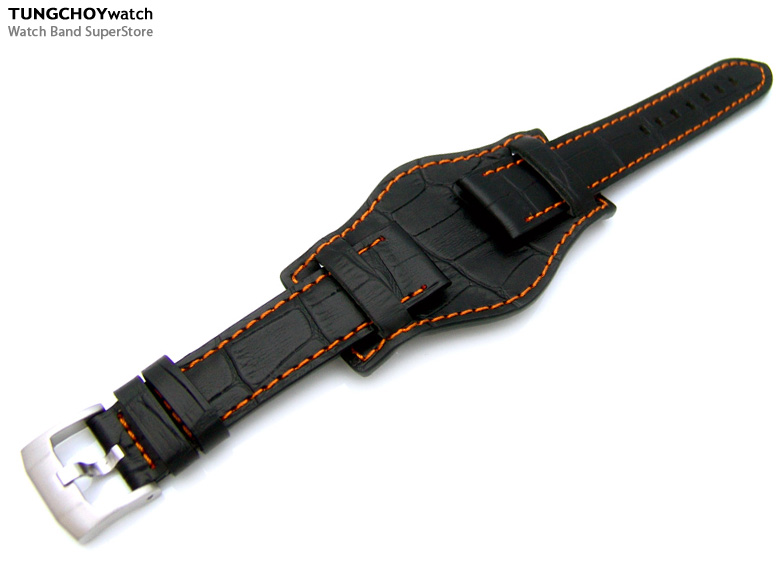 (BUN2018IWNG018)20mm Military Bunds Watch Strap BLACK CrocoCalf Orange Stitch - 316L Buckle