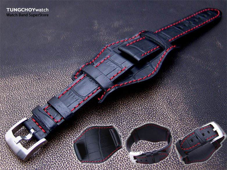 20mm Military Bunds Watch Strap BLACK CrocoCalf Red Stitch - 316L Buckle