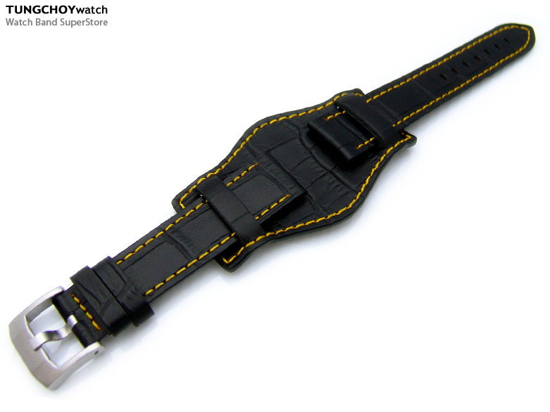 (BUN2018IWYW018)20mm Military Bunds Watch Strap BLACK CrocoCalf Yellow Stitch - 316L Buckle