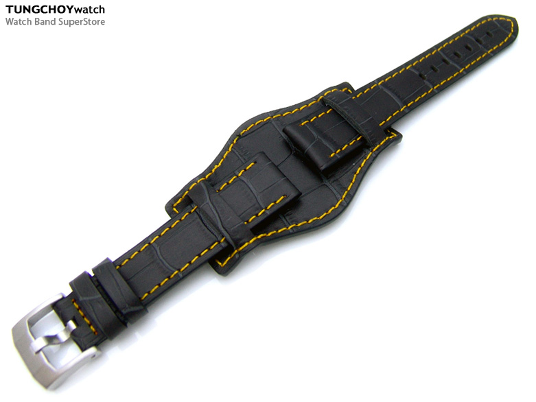 (BUN2018IWYW025)20mm Military Bunds Watch Strap CHARCOAL CrocoCalf Yellow Stitch - 316L Buckle