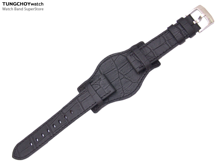 (BUN2018IWZZ018)20mm Bunds Style Military BLACK CrocoCalf Watch Strap-316L Buckle