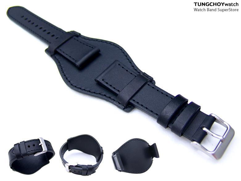 Bunds Style 22mm Black Calf Strap for Military Sport Watch