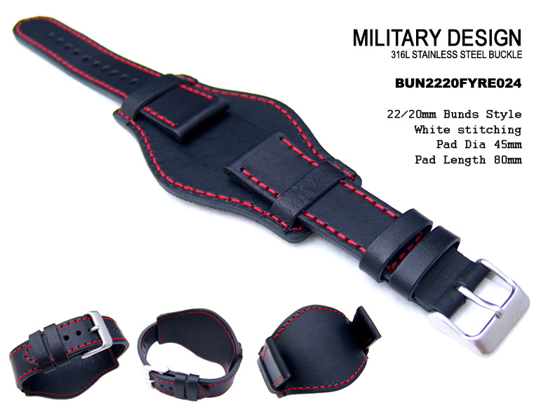 Bunds Style 22mm Black Calf Red Stitch Strap for Military Sport Watch