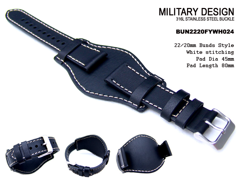 Bunds Style 22mm Black Calf White Stitch Strap for Military Sport Watch