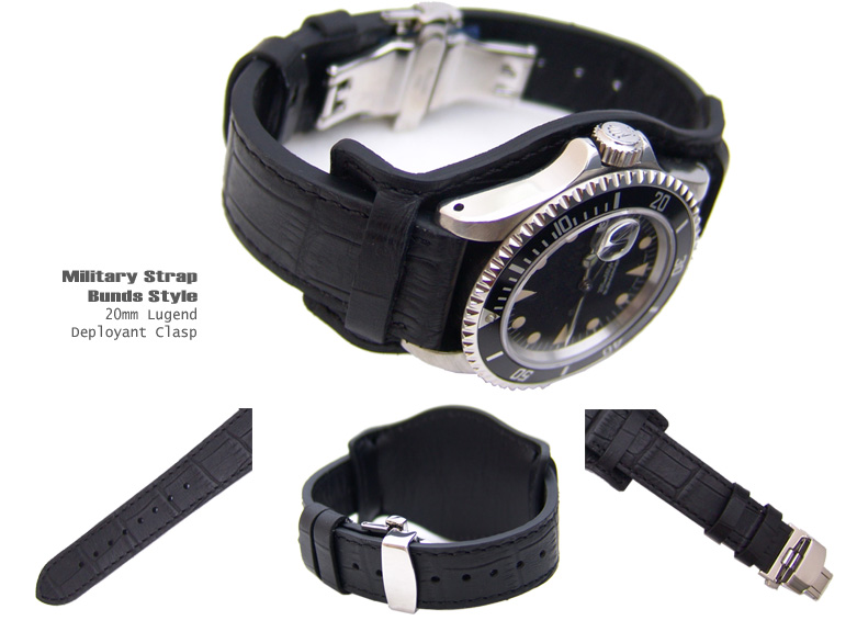 (BUND2018018RF) 20mm Bunds Style Military BLACK CrocoCalf Watch Strap - Deloyant