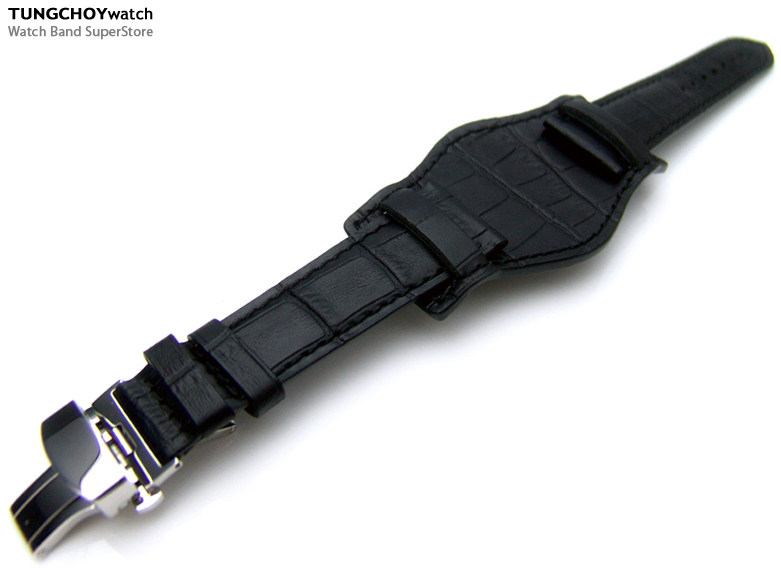 (BUND211803ZZ018)21mm Bunds Style Military BLACK CrocoCalf Watch Strap - Deloyant