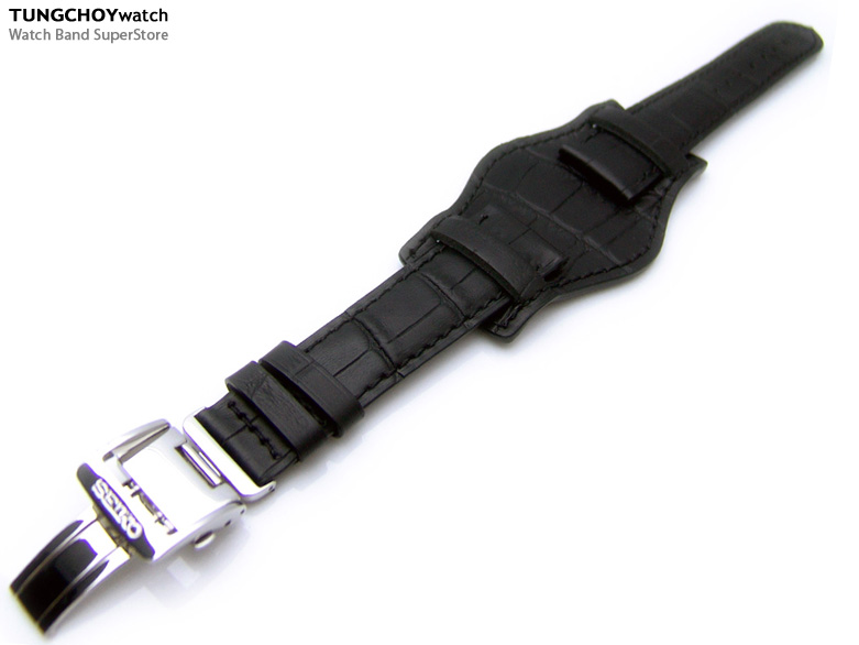 (BUND2118SEZZ018)21mm Bunds Style Military BLACK CrocoCalf Watch Strap - Deloyant (SEIKO)