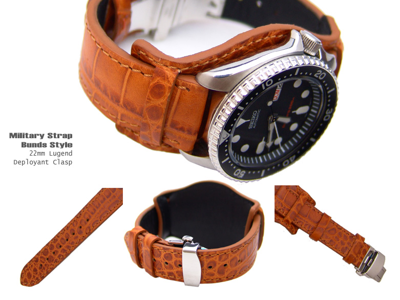 (BUND2220019RF)22mm Bunds Style Military BROWN CrocoCalf Watch Strap - Deloyant