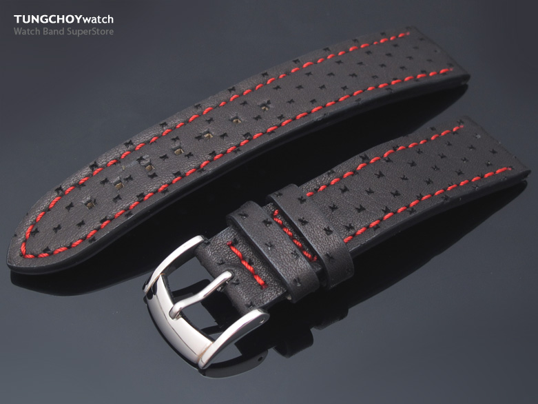 20mm Matte Black Semi-perforated Texture Calf Watch Strap