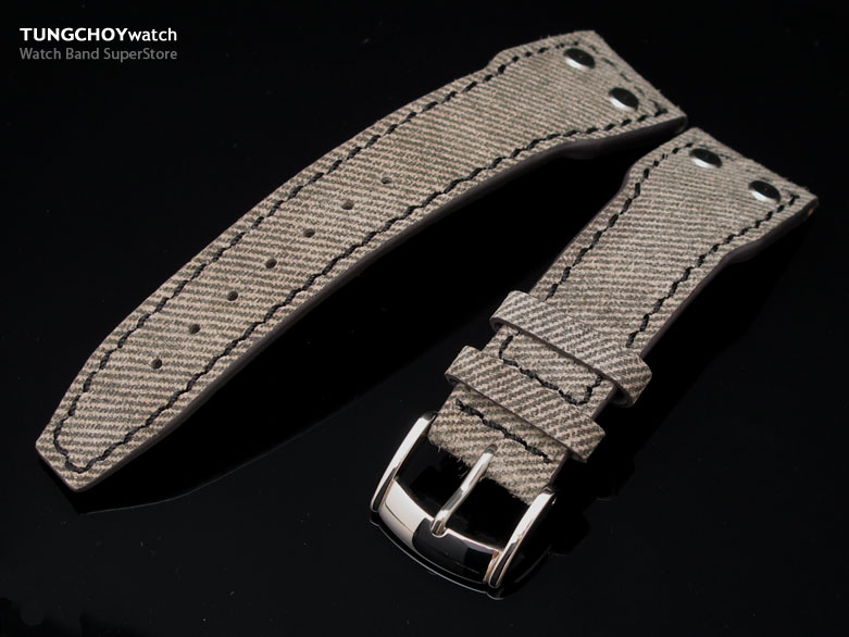 22mm Grey Denim Pattern Calf Watch Strap, Semi Square Tail