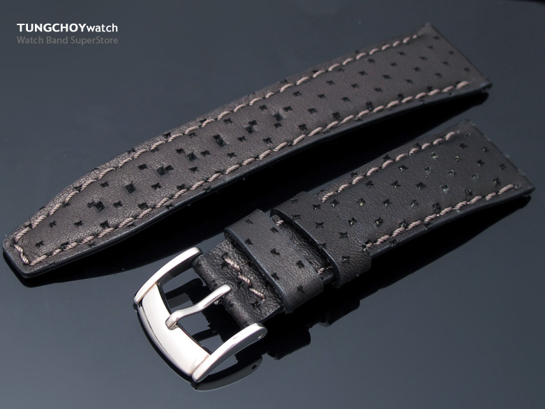 22mm Matte Black Semi-perforated Texture Calf Watch Strap Semi Square Tail