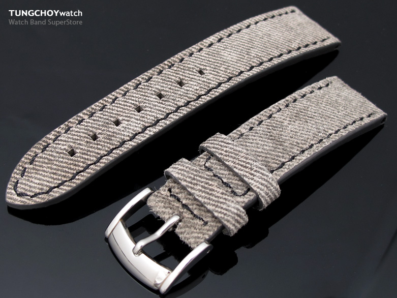 22mm Grey Denim Pattern Calf Watch Strap Black Stitches