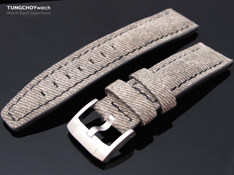 22mm Grey Denim Pattern on Calf Pilot Watch Strap in Breitling Style
