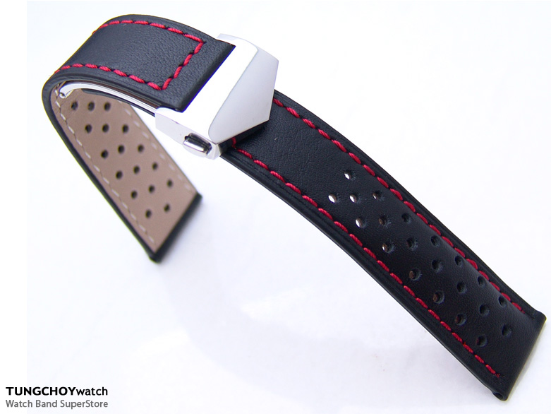 22mm Black Porous Racer Style Deployment Watch Band with Buckle RS