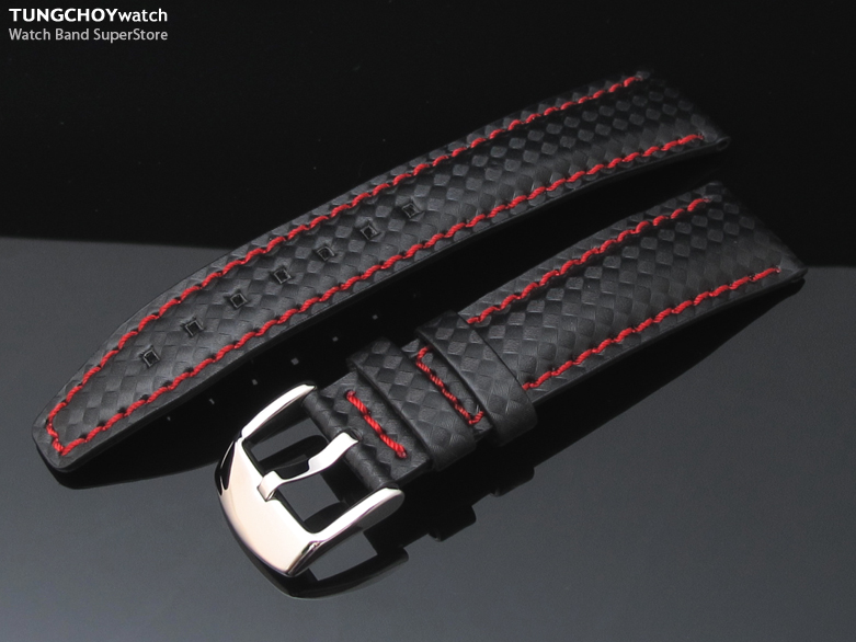20mm Matte Black Carbon Fiber Watch Strap, Polished buckle & Red stitches