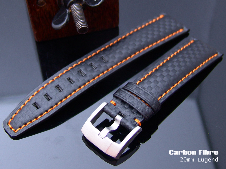 (CF2018IWNG015) Carbon Fiber Watch Band 20mm DS Dark Orange Stitching by Taikona
