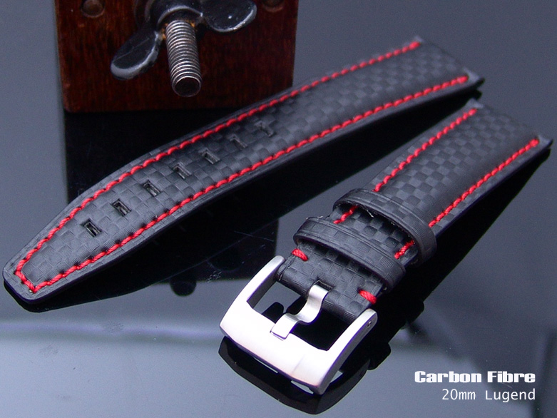 (CF2018IWRE013) Carbon Fiber Watch Band 20mm DS Red Stitching by Taikonaut