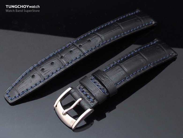 18mm CrocoCalf (Croco Grain) Black Matte Watch Strap with Blue St.