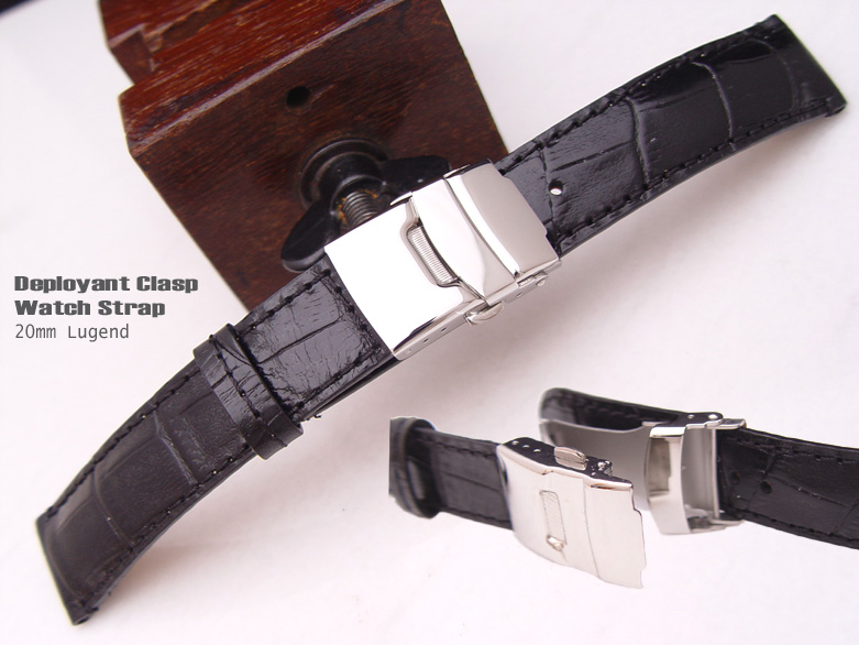 (CG2018013RJ-P)20mm Deployant Clasp Watch Strap*Croco Calf*Semi-Shiny Black