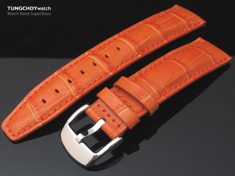 20mm CrocoCalf (Croco Grain) Orange Matte Watch Strap with Orange St.