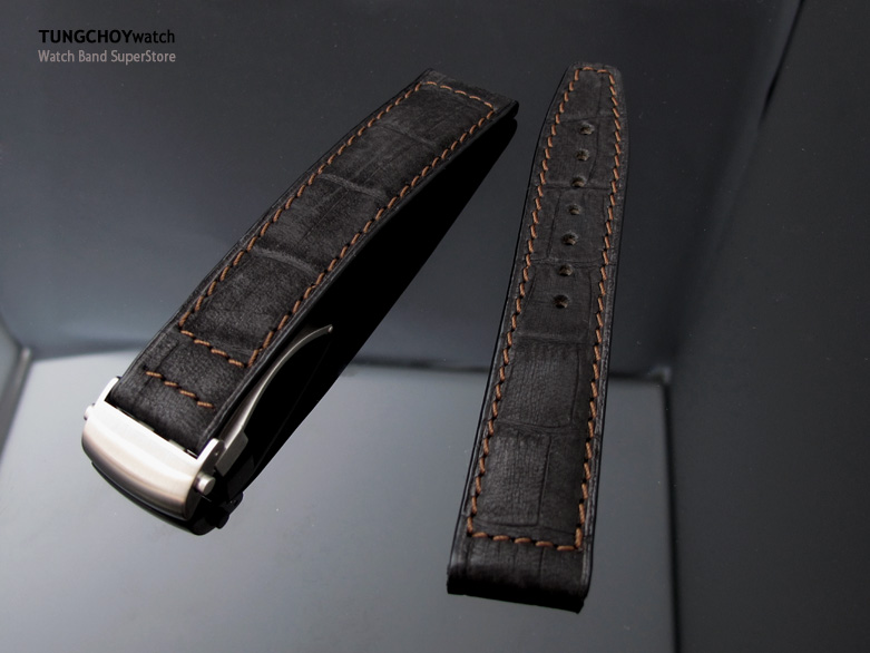 CrocoCalf (Croco Grain) Vintage Black Deployant Watch Strap, in Brown Stitching, 20mm, 21mm, 22mm or 23mm