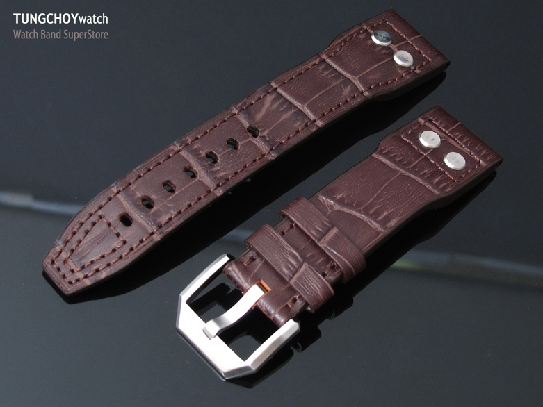21mm IWC Big Pilot 5002 Type CrocoCalf Brown Watch Strap, Rivet Lug, Semi Square Tail