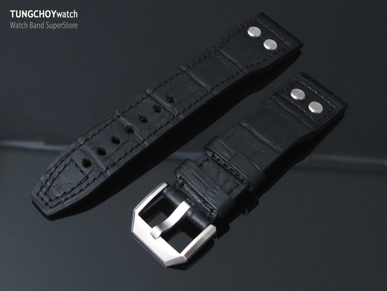 21mm IWC Big Pilot 5002 Type CrocoCalf Black Watch Strap, Rivet Lug, Semi Square Tail