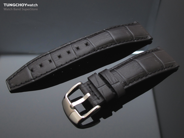 22mm CrocoCalf (Croco Grain) Charcoal Watch Strap Semi Square Tail Black St.