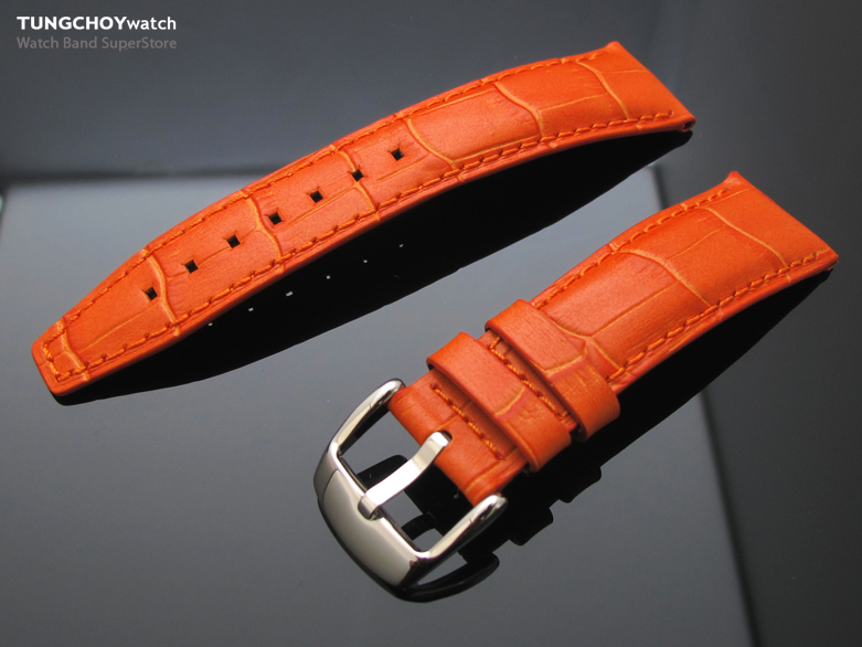 22mm CrocoCalf (Croco Grain) Orange Watch Strap Semi Square Tail