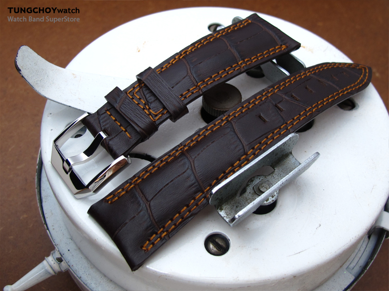 20mm, 21mm, 22mm CrocoCalf (Croco Grain) Matte Brown Semi-Curved Lug Leather Watch Strap, in Antique Copper Stitching