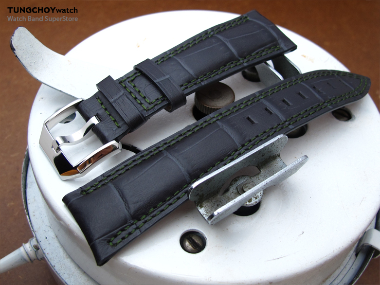 20mm, 21mm, 22mm CrocoCalf (Croco Grain) Matte Grey Semi-Curved Lug Leather Watch Strap, in Dark Green Stitching