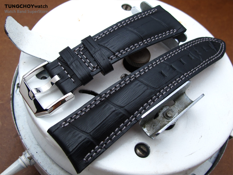 20mm, 21mm, 22mm CrocoCalf (Croco Grain) Matte Black Semi-Curved Lug Leather Watch Strap, in Grey Stitching