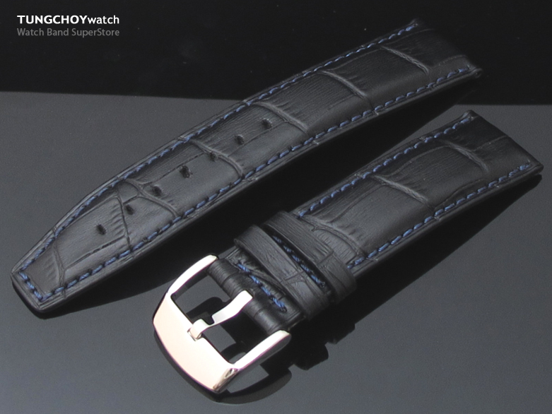 22mm CrocoCalf (Croco Grain) Black Matte Watch Strap with Blue St.