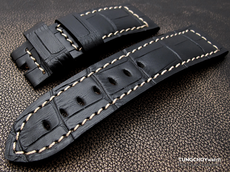 (CG242200BE013)CrocoCalf (Croco Grain) 24mm Matte Black Watch Strap for 44mm PANERAI Beige Stitches