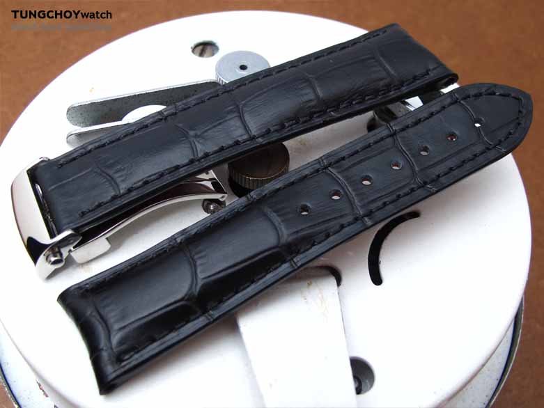 20mm, 21mm, 22mm CrocoCalf (Croco Grain) Matte Black Semi-Curved Lug Roller Deployant Watch strap, Black Stitching P