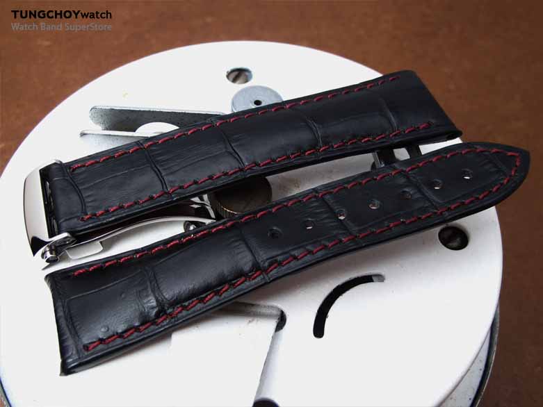 20mm, 21mm, 22mm CrocoCalf (Croco Grain) Matte Black Semi-Curved Lug Roller Deployant Watch strap, Red Stitching P