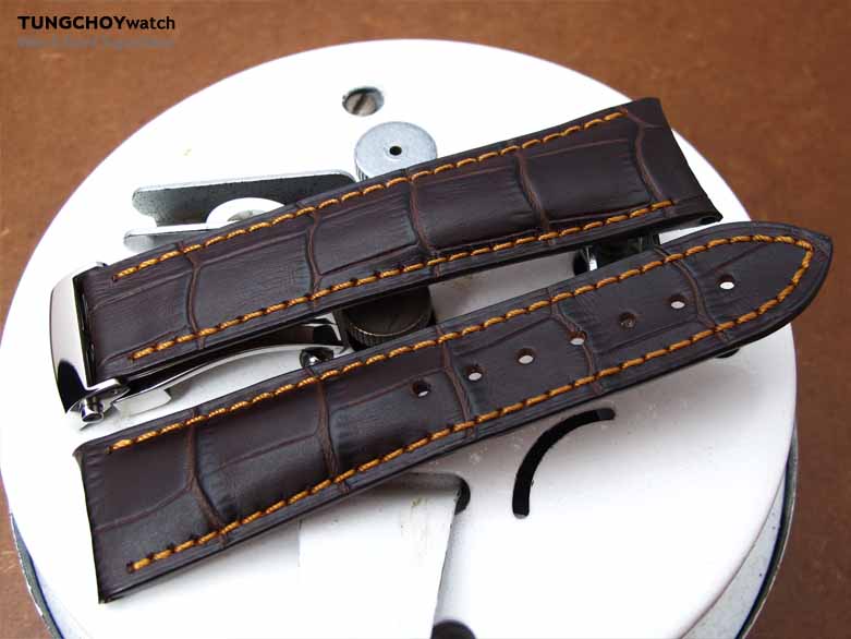 20mm, 21mm, 22mm CrocoCalf (Croco Grain) Dark Brown Semi-Curved Lug Roller Deployant Watch strap, Golden Brown Stitching P