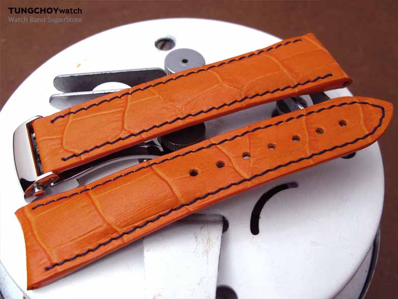 20mm, 21mm, 22mm Orange CrocoCalf (Croco Grain) Deployant Watch Strap, in Blue Stitching, P