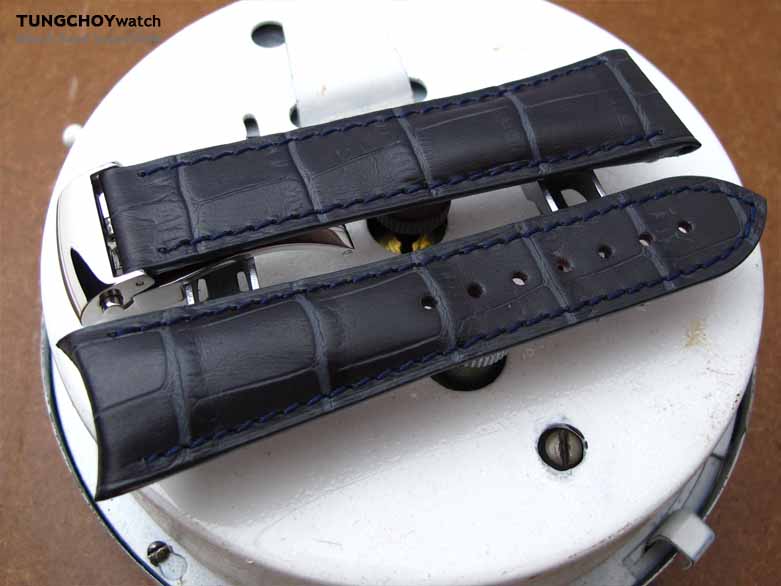 20mm, 21mm, 22mm Dark Grey CrocoCalf (Croco Grain) Deployant Watch strap, in Blue Stitching, P