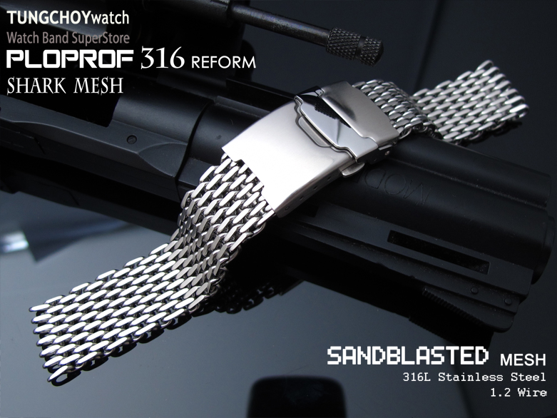 17mm or 18mm Ploprof 316 Reform Stainless Steel "SHARK" Mesh Watch Band Diver Strap, Sandblasted