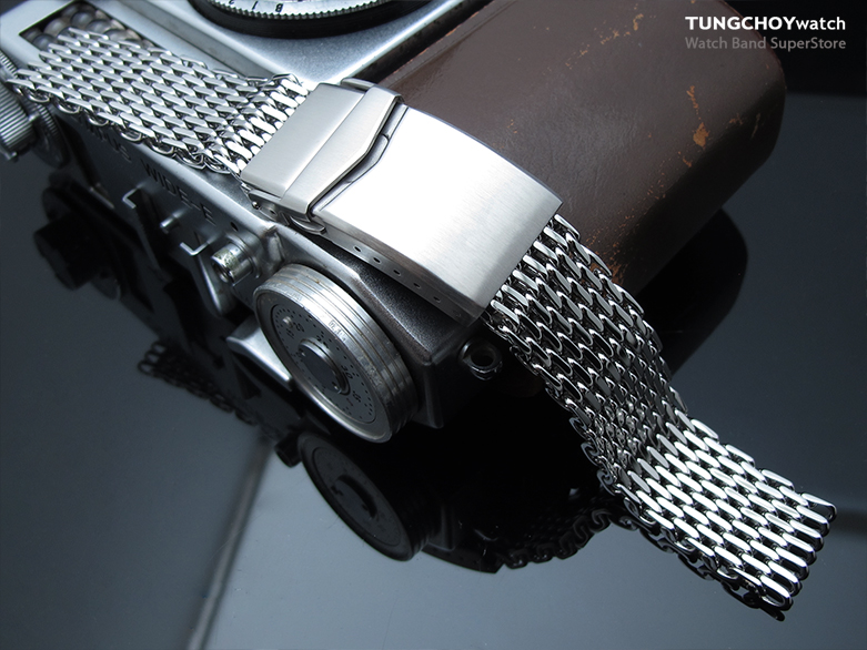 17mm, 18mm Ploprof 316 Reform Stainless Steel "SHARK" Mesh Watch Band, V-Clasp Button Double Lock , P