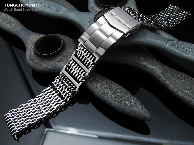 19mm or 20mm Flexi Ploprof 316 Reform "SHARK" Mesh Band, 316L Stainless Steel, Submariner Diver Clasp, P