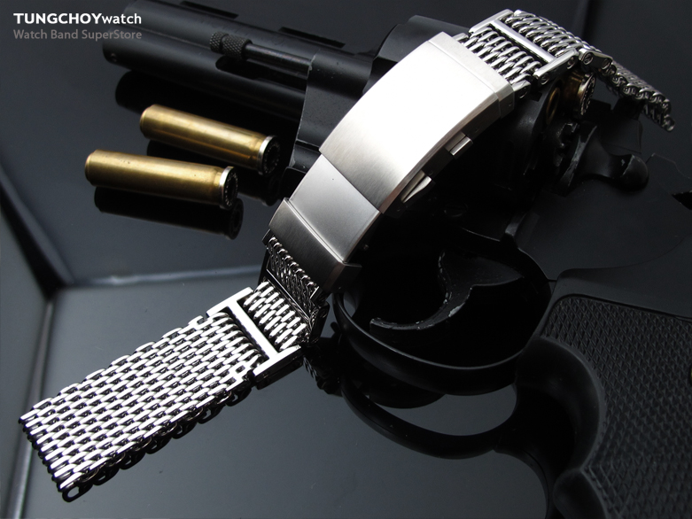 21mm or 22mm Flexi Ploprof 316 Reform "SHARK" Mesh Band, 316L Stainless Steel, Diver Wetsuit Ratchet Buckle Polish