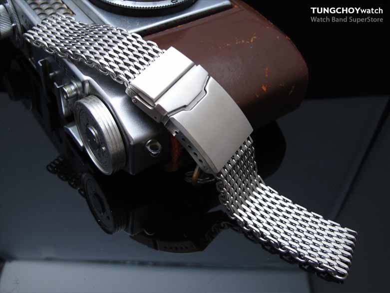 21mm , 22mm Ploprof 316 Reform Stainless Steel "SHARK" Mesh Watch Band, Chamfer Diver Clasp, Brushed